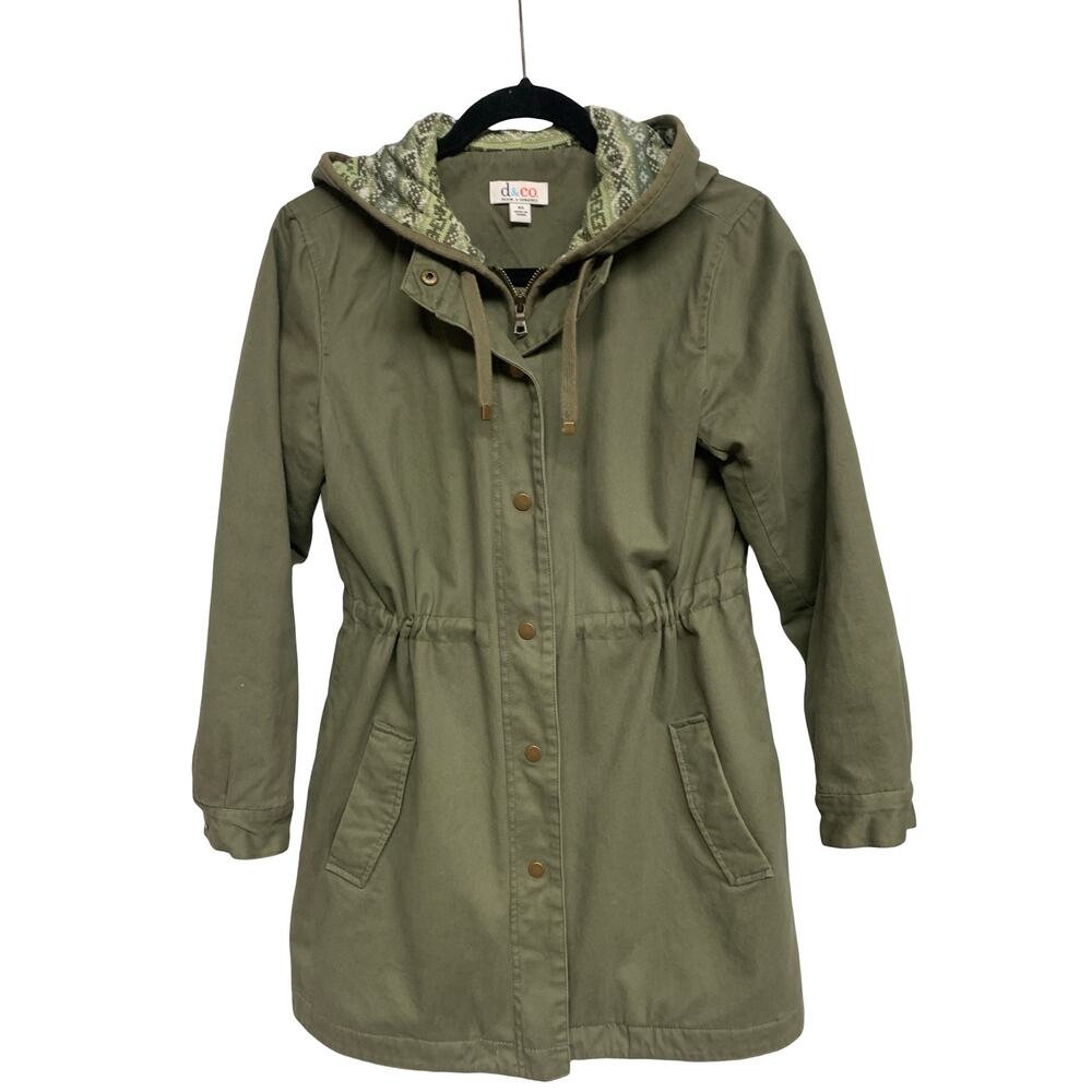 Denim & Co. Olive Green Hooded Utility Jacket XS-M | Drawstring Waist, Quilted - Picture 2 of 6